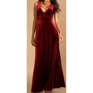 LULU'S S Stunning Luxury Wine Red Velvet Sleeveless Evening Maxi Dress NEW B46